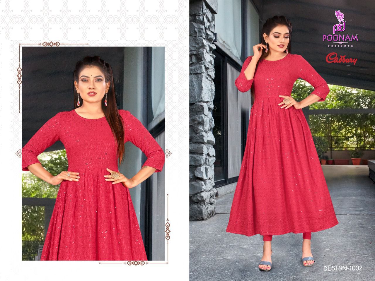 Poonam Gown Cadbury Rayon Lucknowi Ethnic Wear Fancy Anarklai Kurti Collection